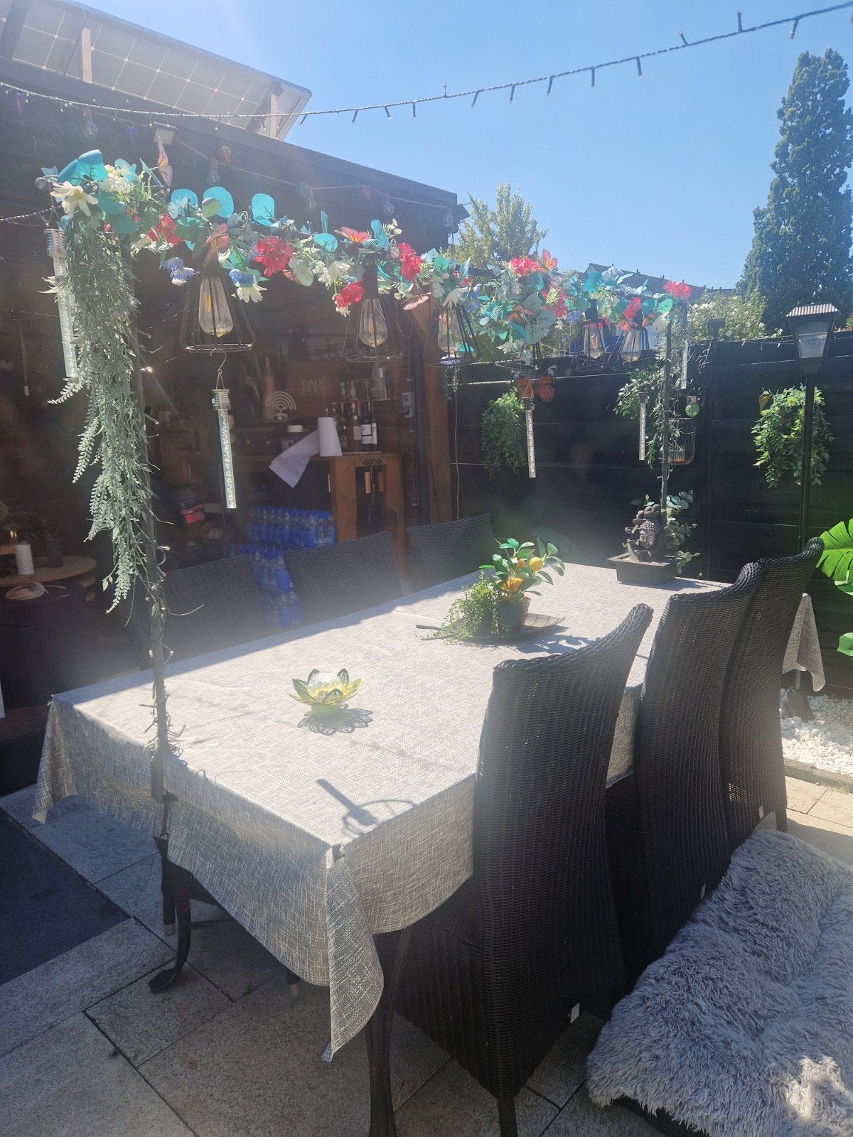 Wicker  tuinstoelen en glazen tuintafel gietijzer, Ophalen of Verzenden, Gebruikt, Rechthoekig, Wicker