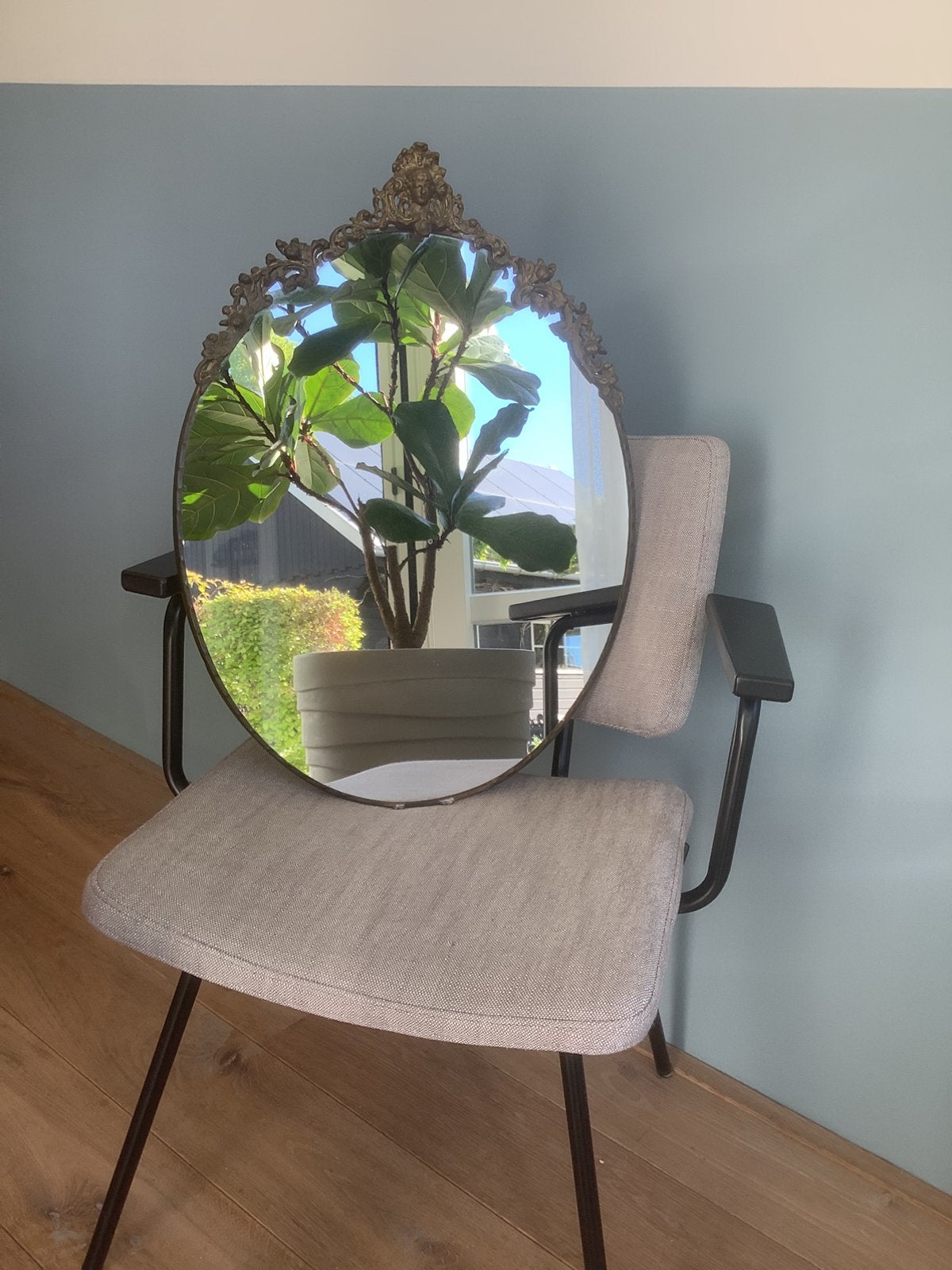 Grote vintage koperen spiegel, Ophalen of Verzenden, Gebruikt, Minder dan 50 cm, Minder dan 100 cm