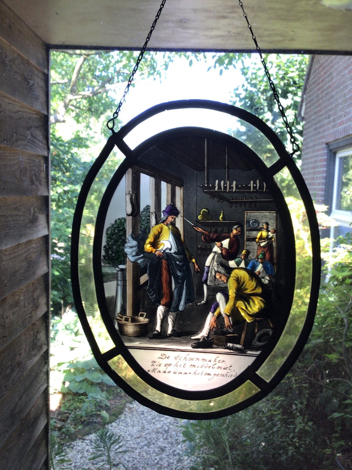 Gebrandschilderd glas in lood ‘schoenmaker’, Ophalen