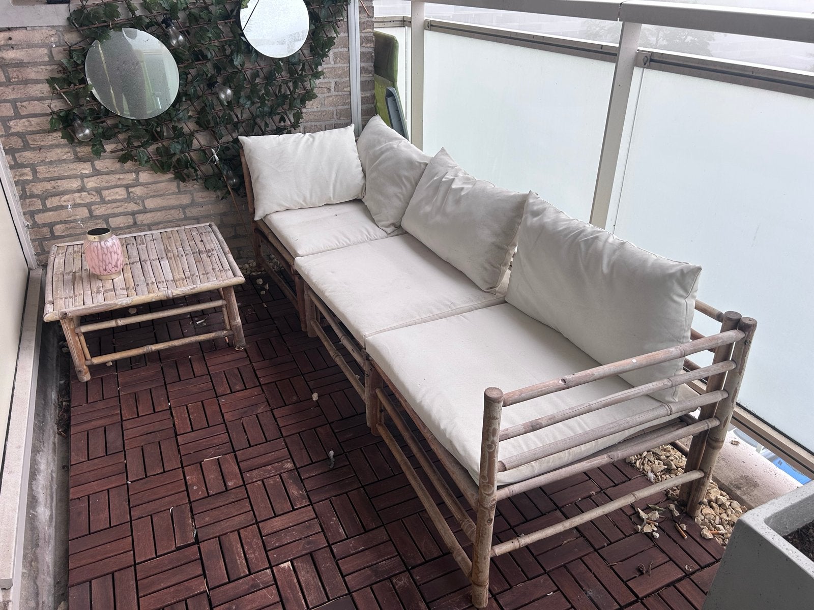 Bamboe loungeset met kussens en bijzettafel, Ophalen, Gebruikt, 3 zitplaatsen, Loungeset
