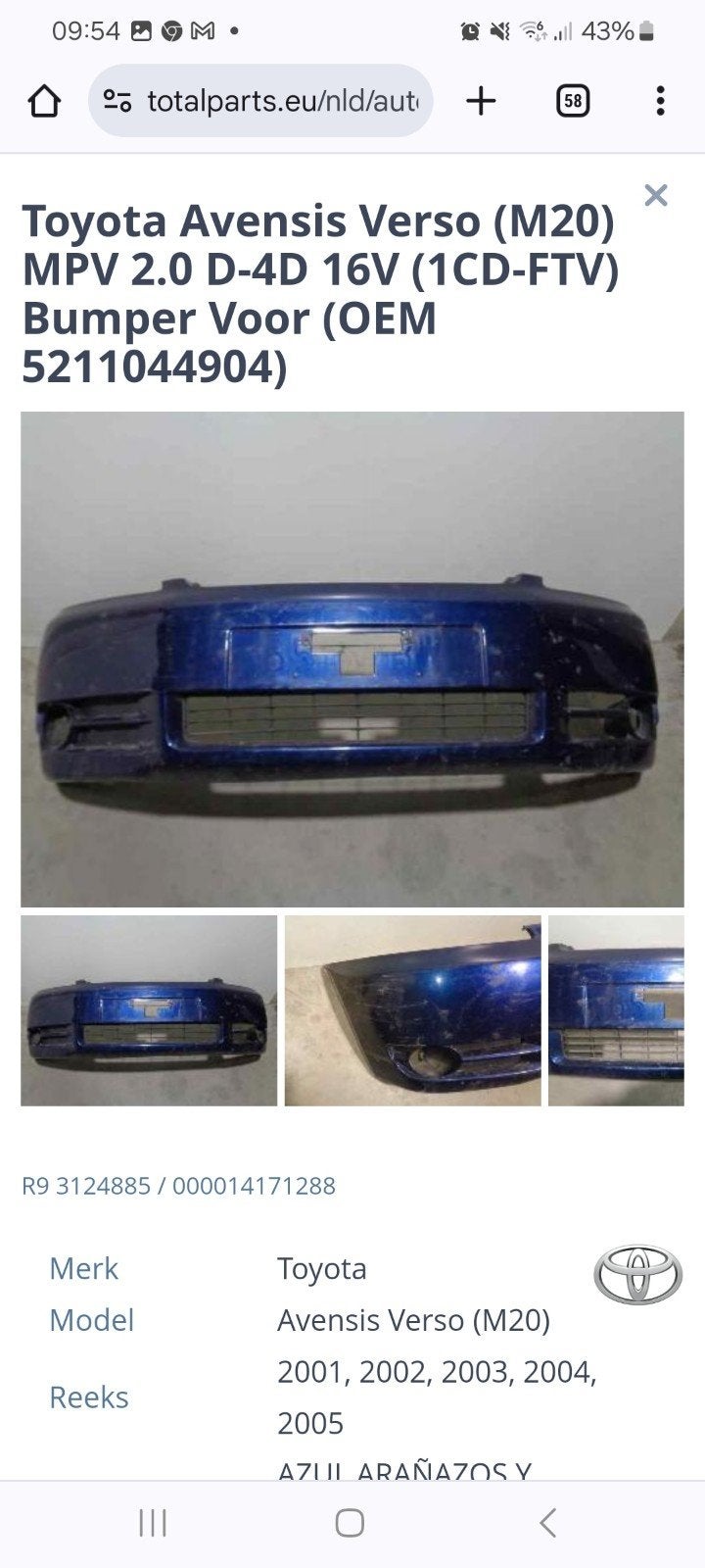 Toyota Avensis Verso Bumper Voor (OEM 5211044904), Gebruikt, Voor, Ophalen of Verzenden, Toyota
