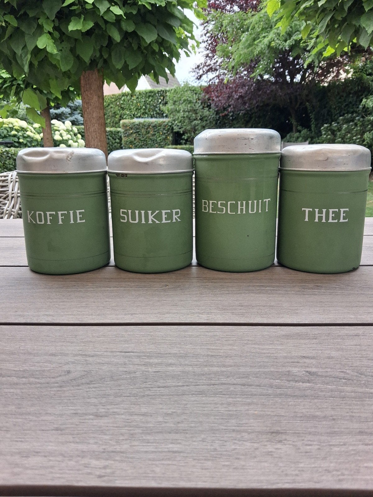 Vintage voorraadblikken set (4 stuks) - Groen emaille, Ophalen of Verzenden