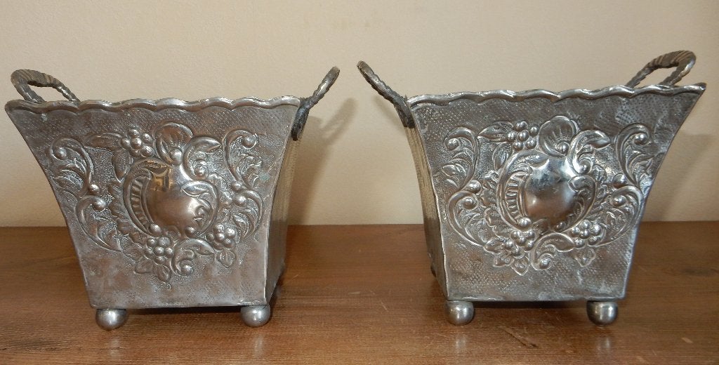 Antiek verzilverd koper plantbakken, ca.1900, Tuin en Terras, Gebruikt, Minder dan 30 cm, Minder dan 60 cm, Vierkant