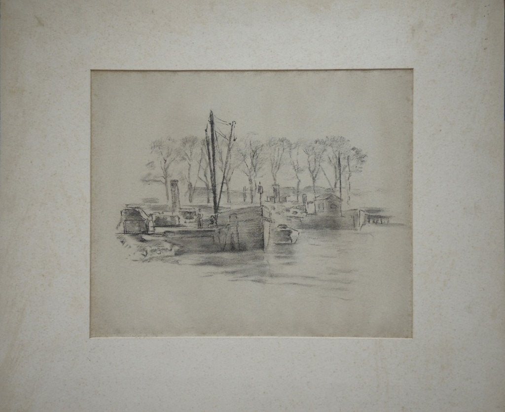 Johan Laurent ter Veer houtskooltekening "Haventje met Boot", Antiek en Kunst, Kunst | Tekeningen en Foto's, Ophalen, Tekening