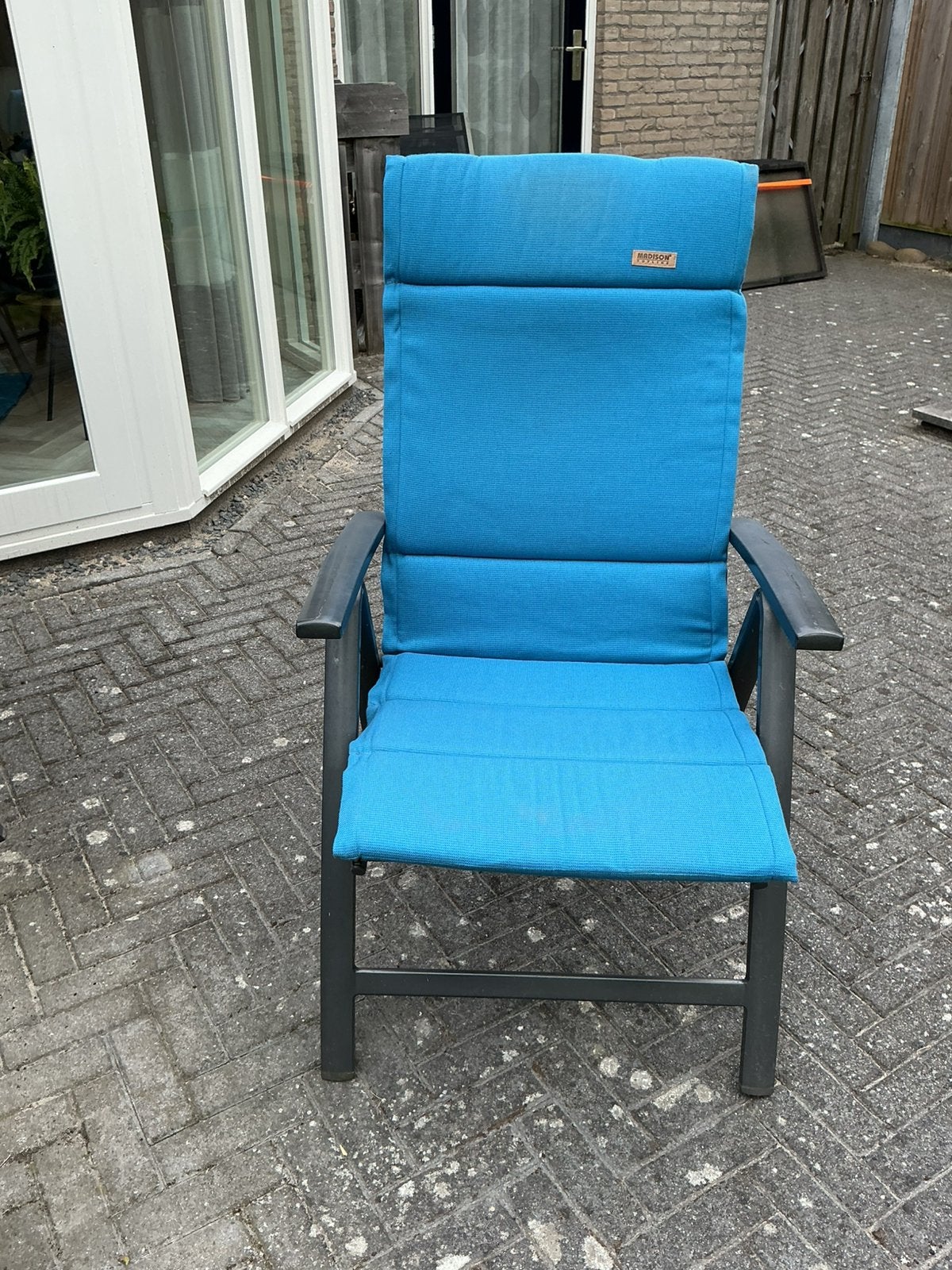 4 kussens voor tuinstoelen in petrol kleur, Ophalen, Gebruikt