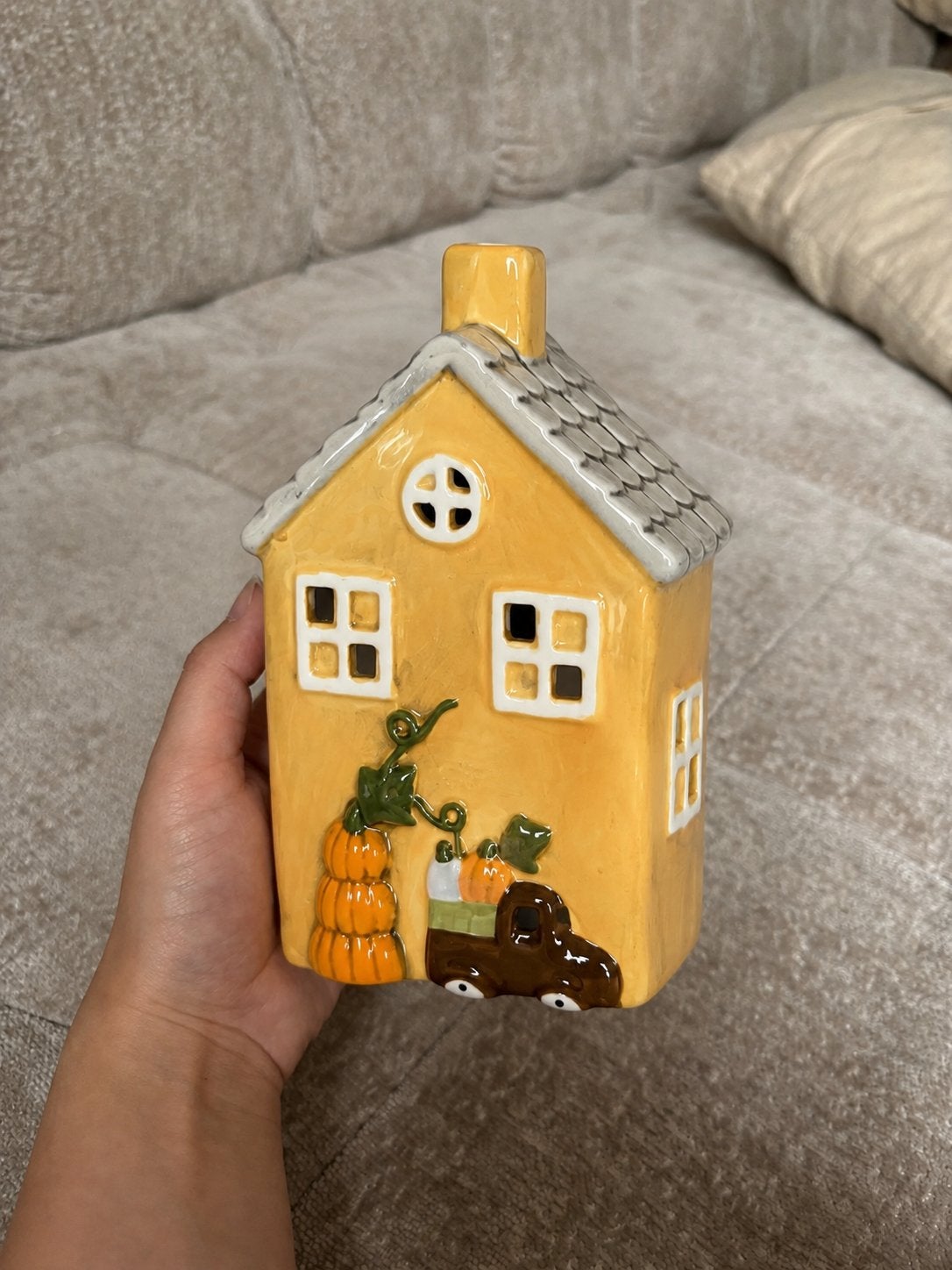 Keramiek huisje met LED verlichting - Herfstdecoratie, Nieuw, Ophalen of Verzenden, Landelijk, Steen/keramiek