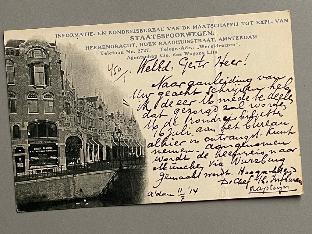 Ansichtkaart rondreisreisbureau Staats Spoorwegen A’dam 1914
