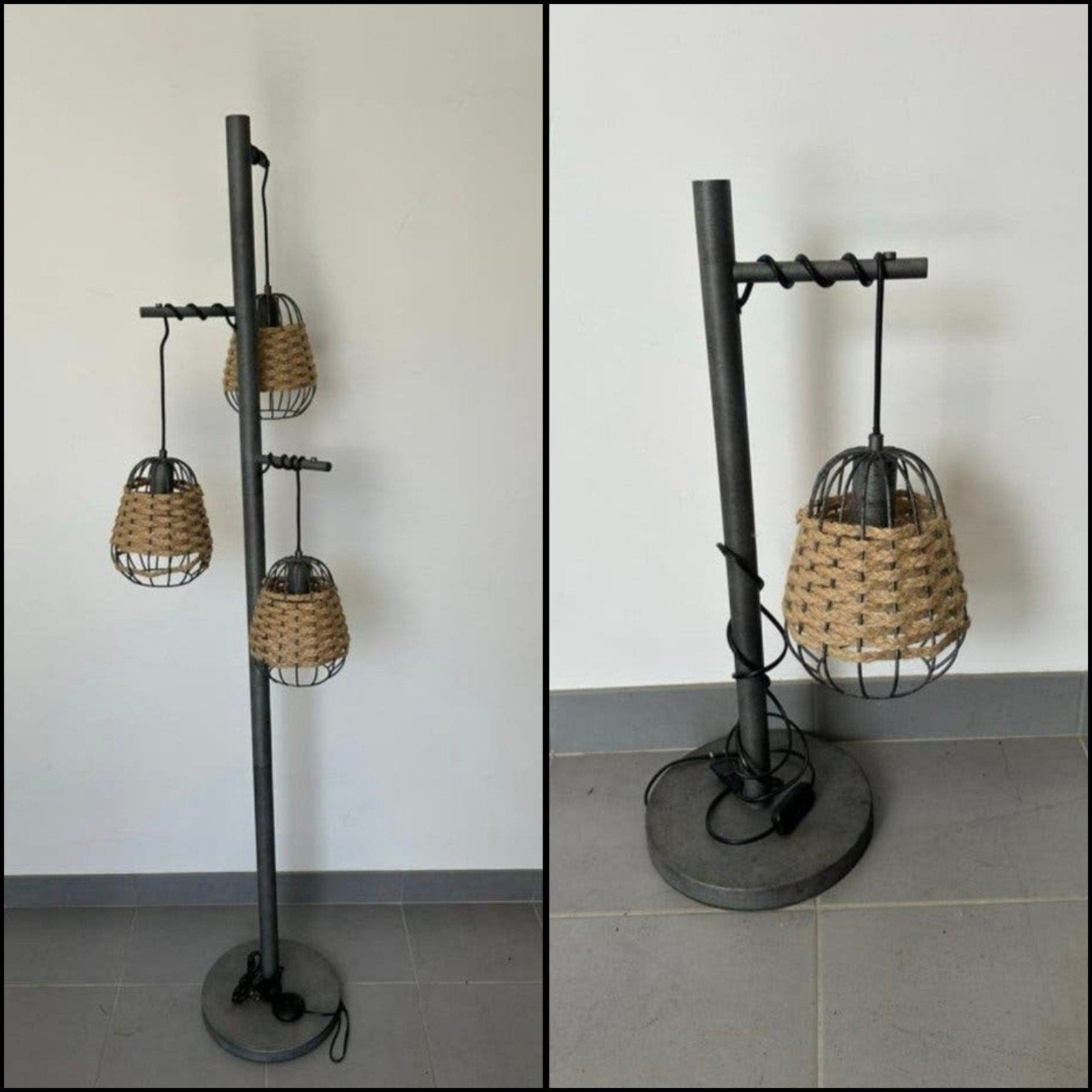 Set vloerlamp + tafellamp – industrieel met jute kappen, Ophalen, Metaal, 150 tot 200 cm