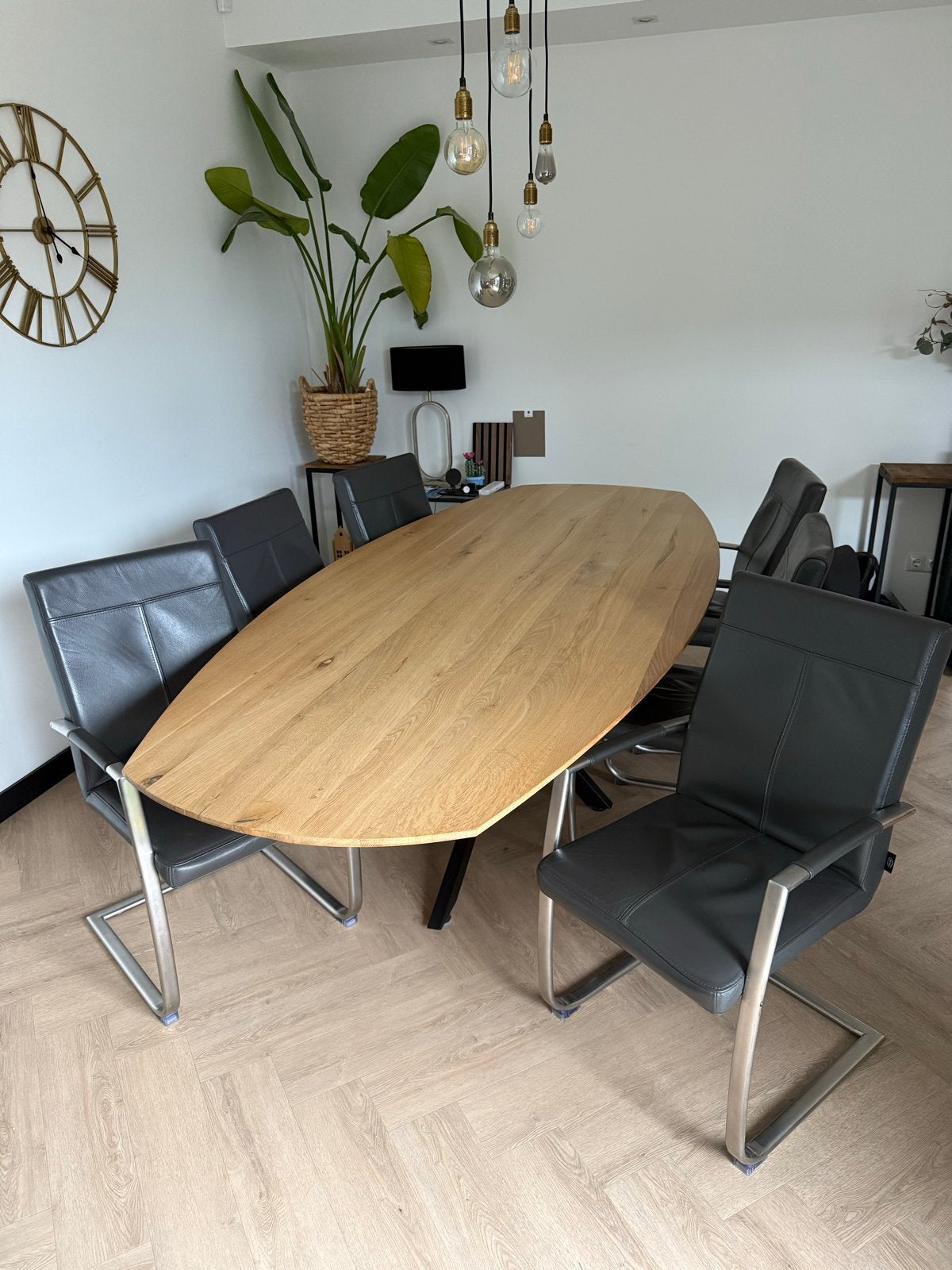 6 H&H eetkamerstoelen - Grijs leer met RVS frame