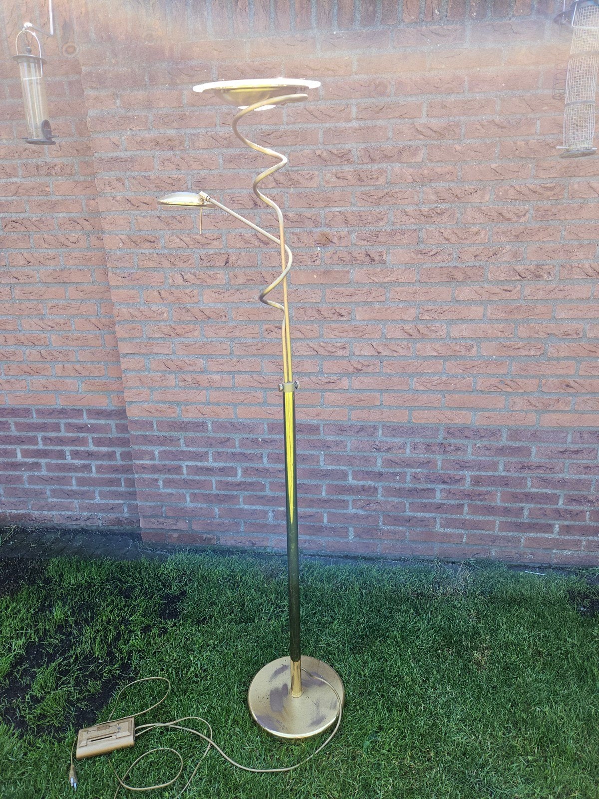 Gouden staande lamp met leeslamp en dimmer, Huis en Inrichting, Lampen | Vloerlampen, Ophalen, Gebruikt, Overige fittingen, Metaal