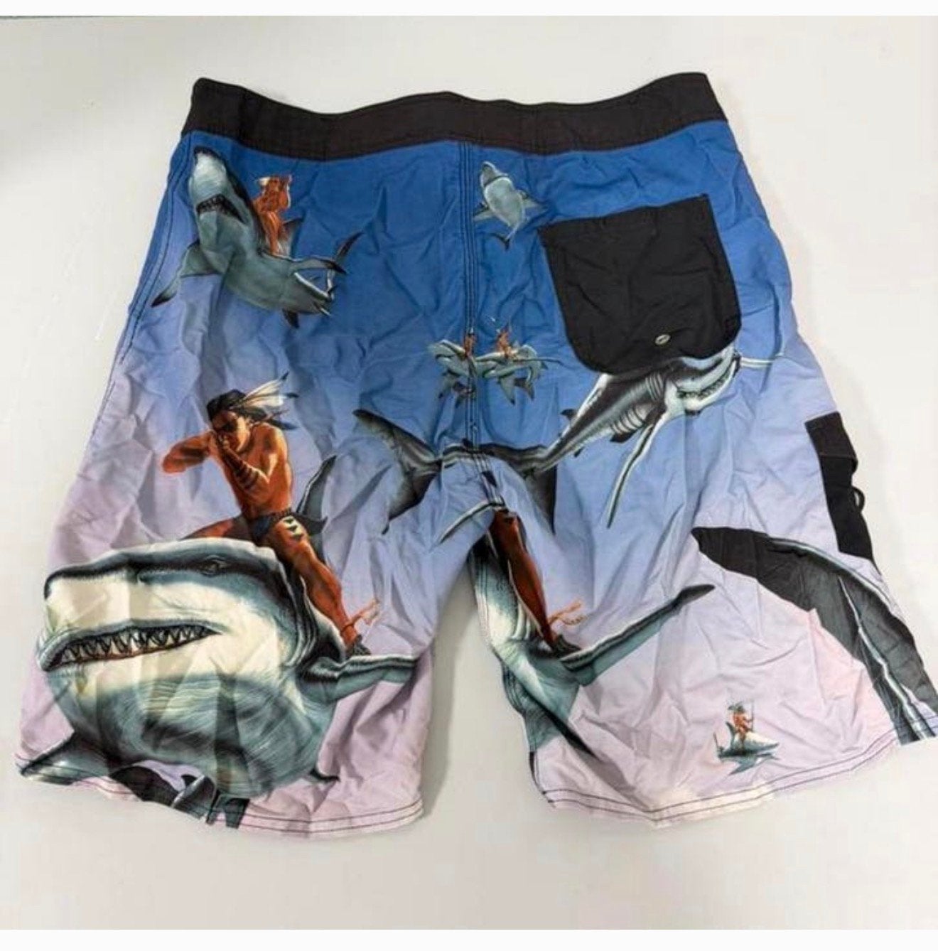 Maui and Sons Boardshort Zwembroek Shark Print vintage L XL, Kleding | Heren, Blauw, Maat 56/58 (XL), Ophalen of Verzenden, H