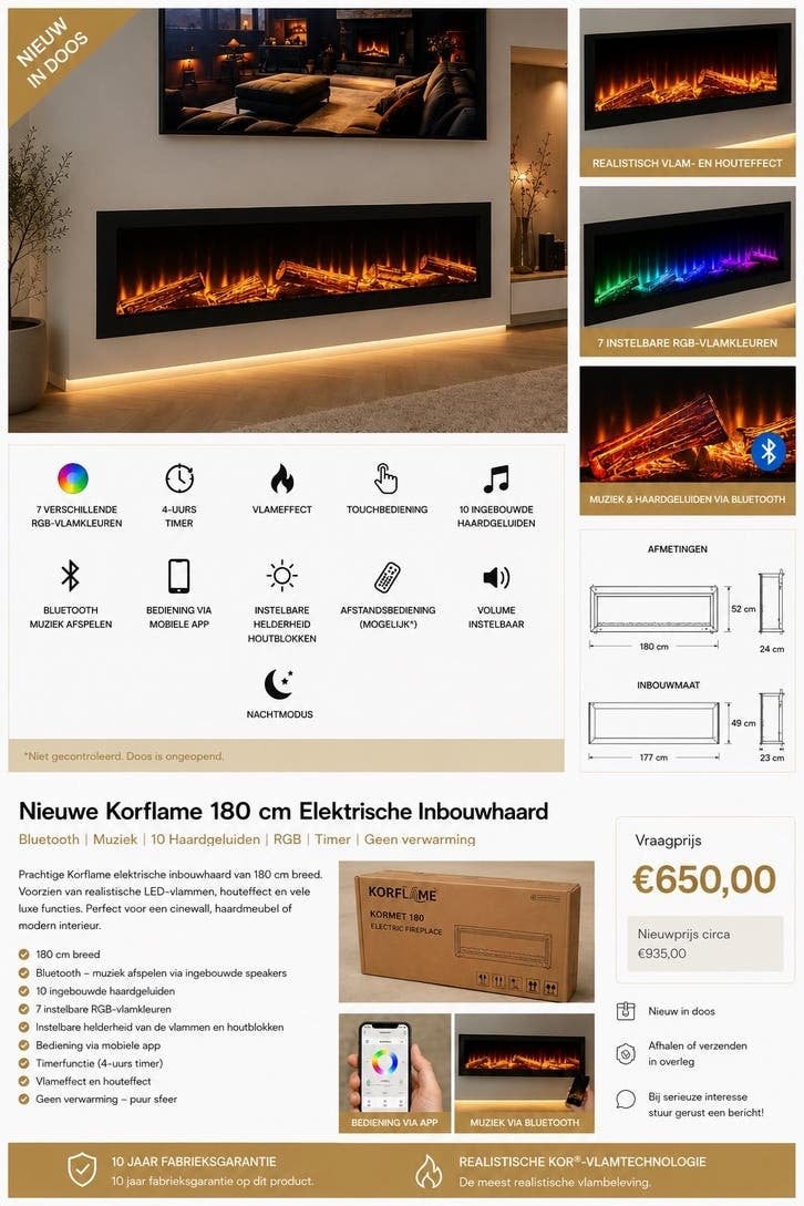 Nieuw in doos180cm Luxe elektrische Sfeerhaard  Bluetooth, Huis en Inrichting, Ophalen of Verzenden, Nieuw, Inbouwhaard, Elektrische haard