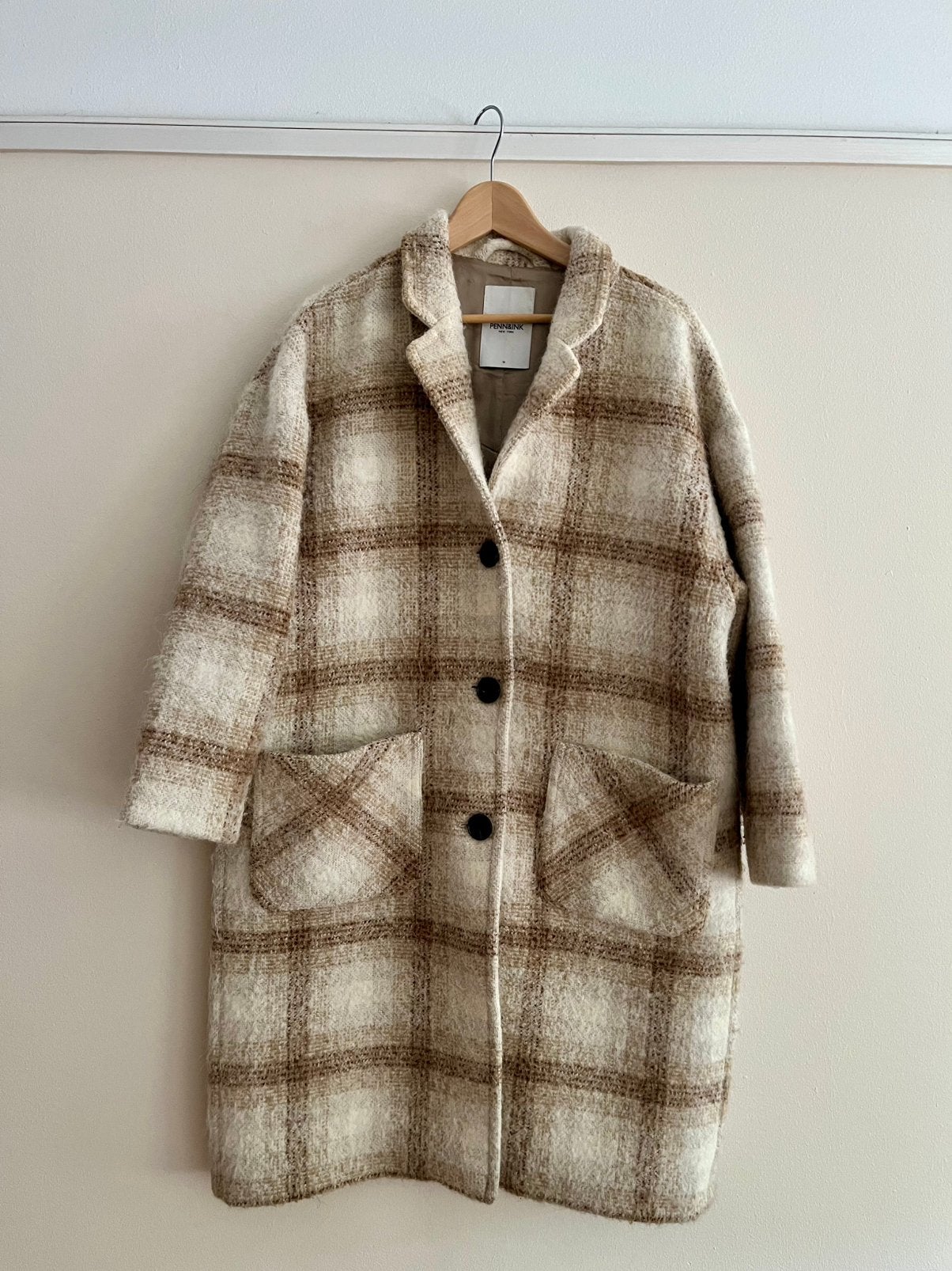Penn & Ink winterjas dames ruit maat 36 (40), Kleding | Dames, Ophalen of Verzenden, Gedragen, Maat 38/40 (M), Beige