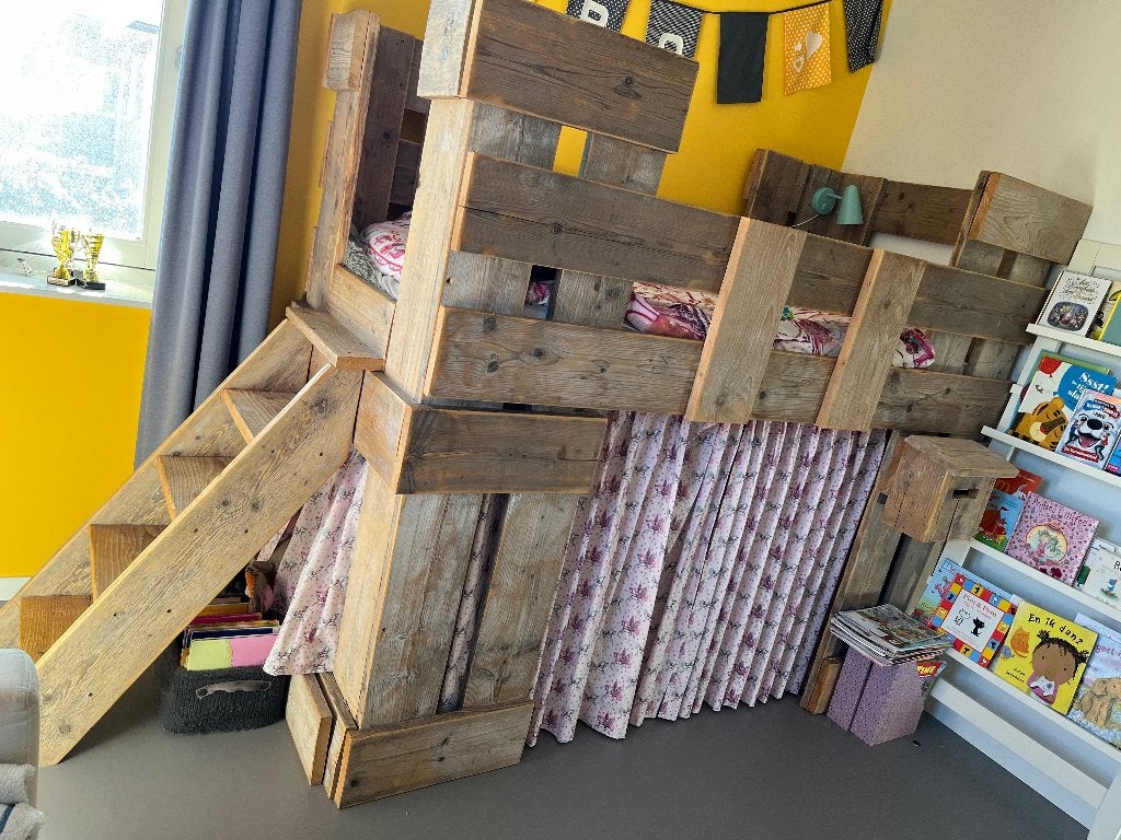 Steigerhouten halfhoogslaper/bed, Ophalen, 85 tot 100 cm, Zo goed als nieuw, 180 cm of meer