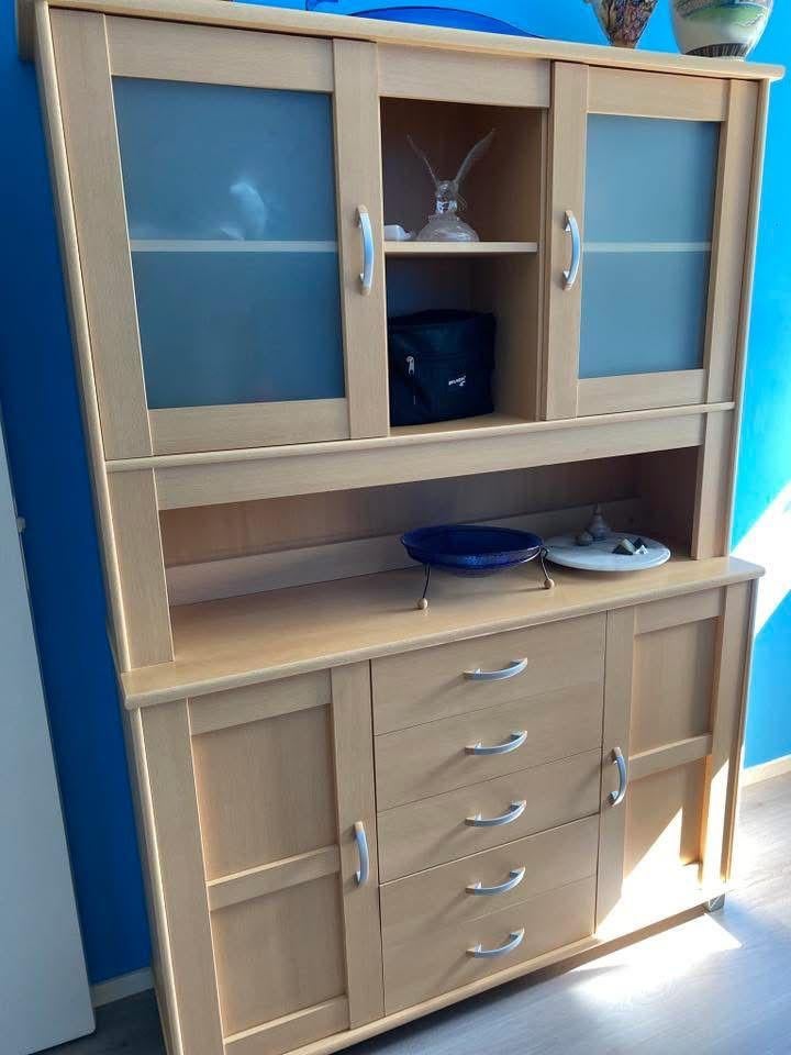 Mooi handige wandkast met glas laden en kastjes, Ophalen, Gebruikt, Glas, 150 tot 200 cm