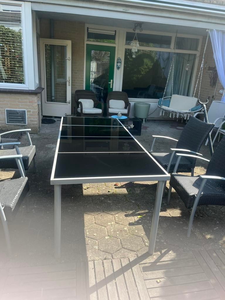 Tuintafel 2.20 x 90 x 73 grijs met glasplaten, Tuin en Terras, Gebruikt, Eettafel, Aluminium, Ophalen of Verzenden