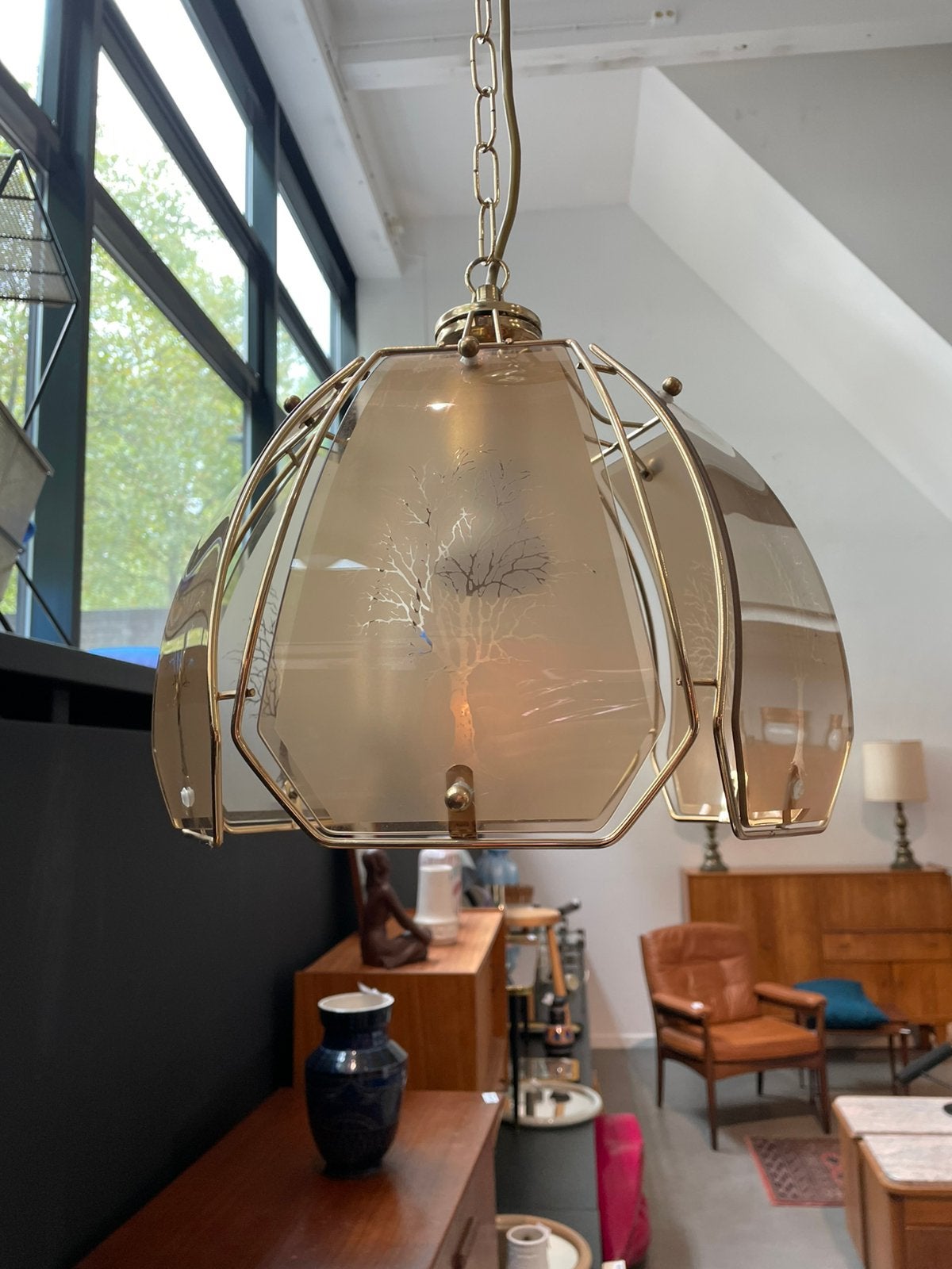 Vintage hanglamp goud rookhlas jaren 90, ., 2de hands, Ophalen of Verzenden, Zo goed als nieuw