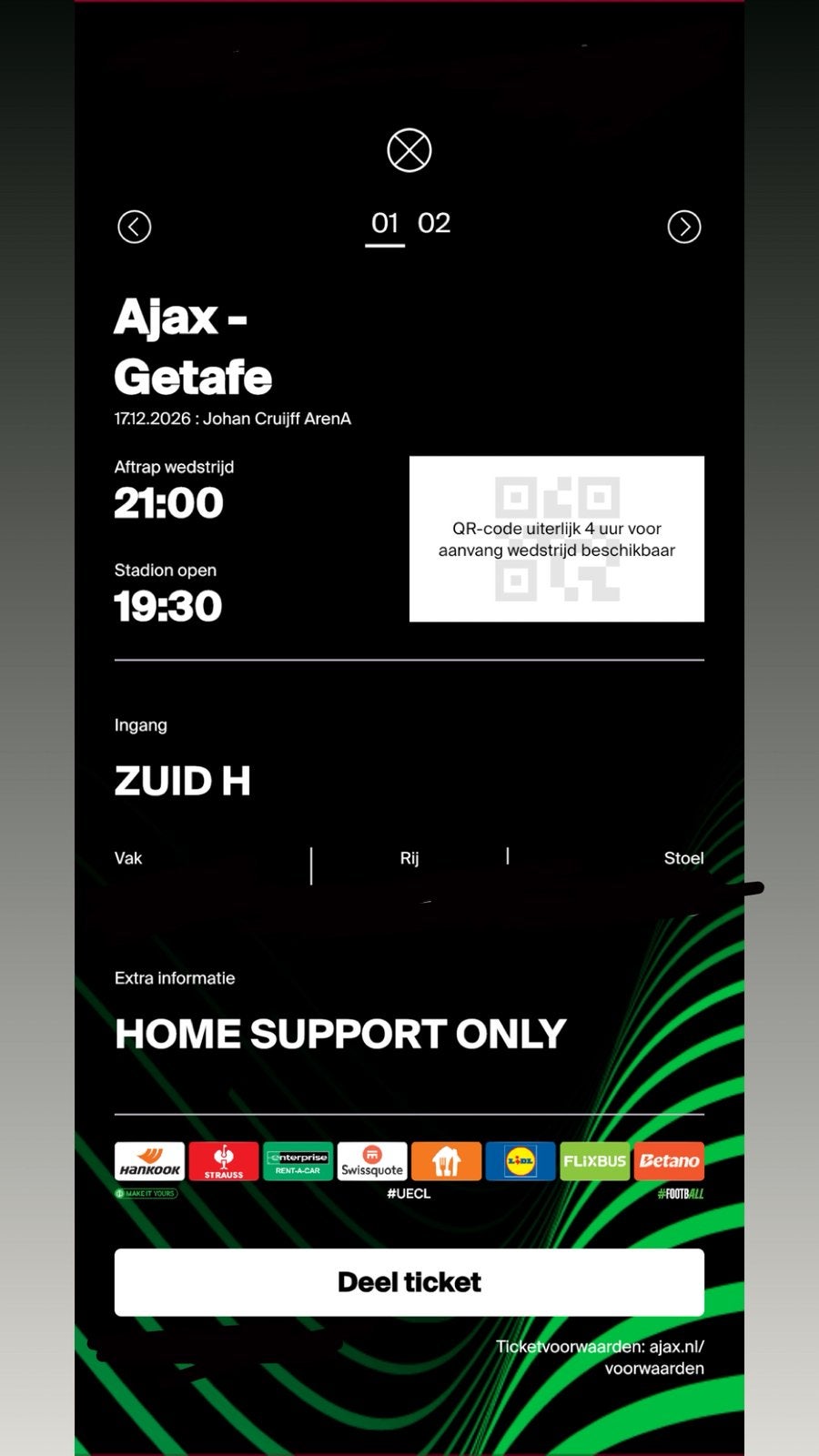 Ajax - Getafe FSIDE kaart word gedeeld via Ajax app!, Tickets en Kaartjes, Eén persoon