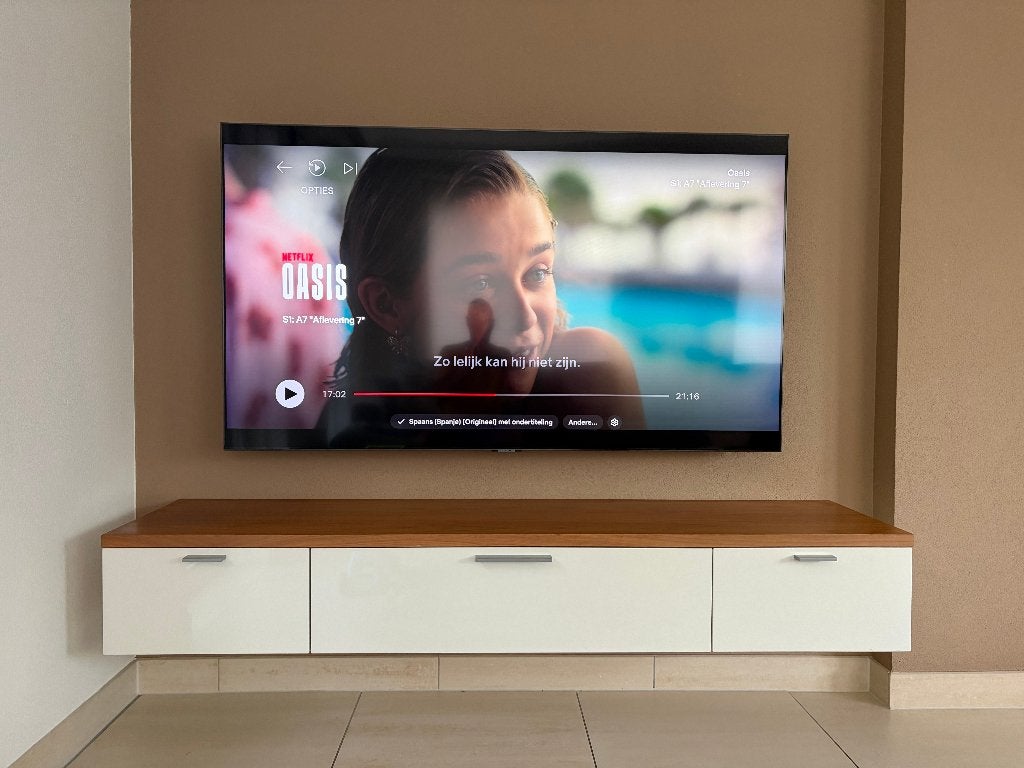 Interstar -TV-meubel wit met notenhouten blad–zwevend–180 cm, Ophalen, Zo goed als nieuw, 25 tot 50 cm, 150 tot 200 cm