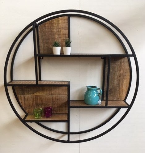 Wandrek rond, zwart staal + Mango hout ( diameter 100 cm )., Ophalen of Verzenden, Zo goed als nieuw