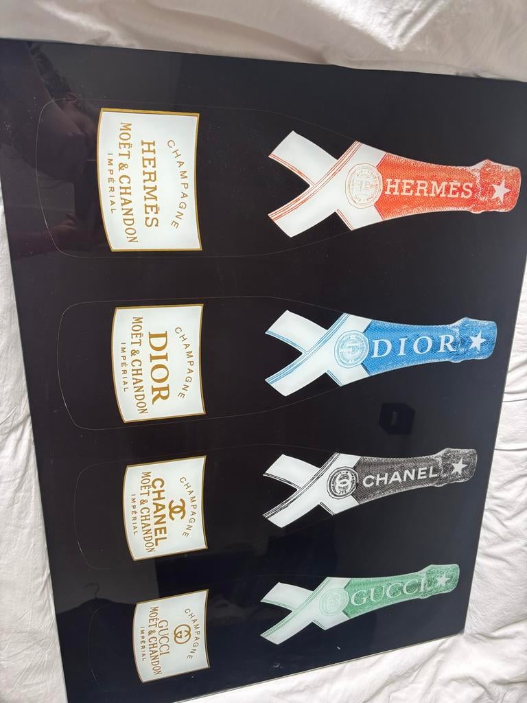 Glazen schilderij met champagneflessen, Ophalen of Verzenden