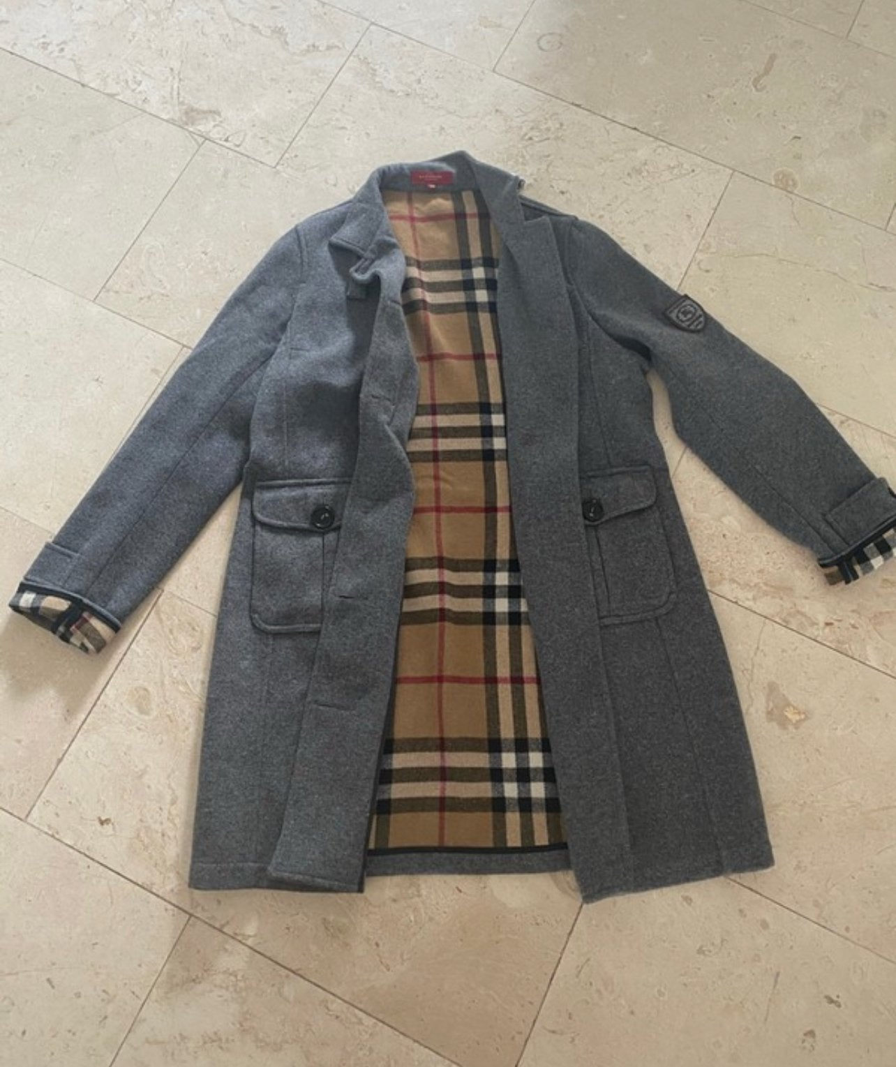 Burberry London wollen jas met Nova Check voering - Maat L, Ophalen, Zo goed als nieuw, Grijs