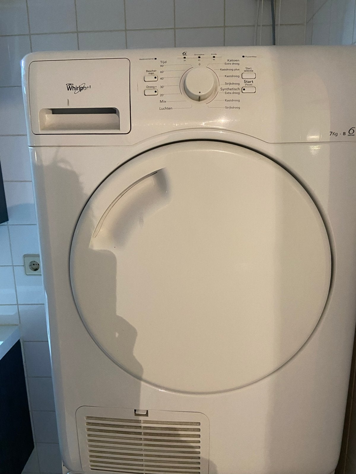 Whirlpool wasdroger 7 kg - voorlader, Ophalen, 6 tot 8 kg, Gebruikt, Bovenlader