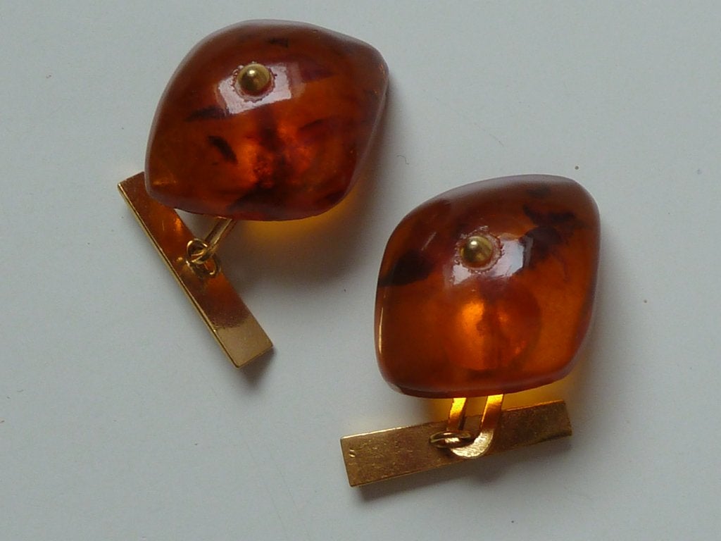Antieke art deco manchetknopen + Baltisch barnsteen cabochon, Verzenden, Zo goed als nieuw, Overige materialen, Verguld