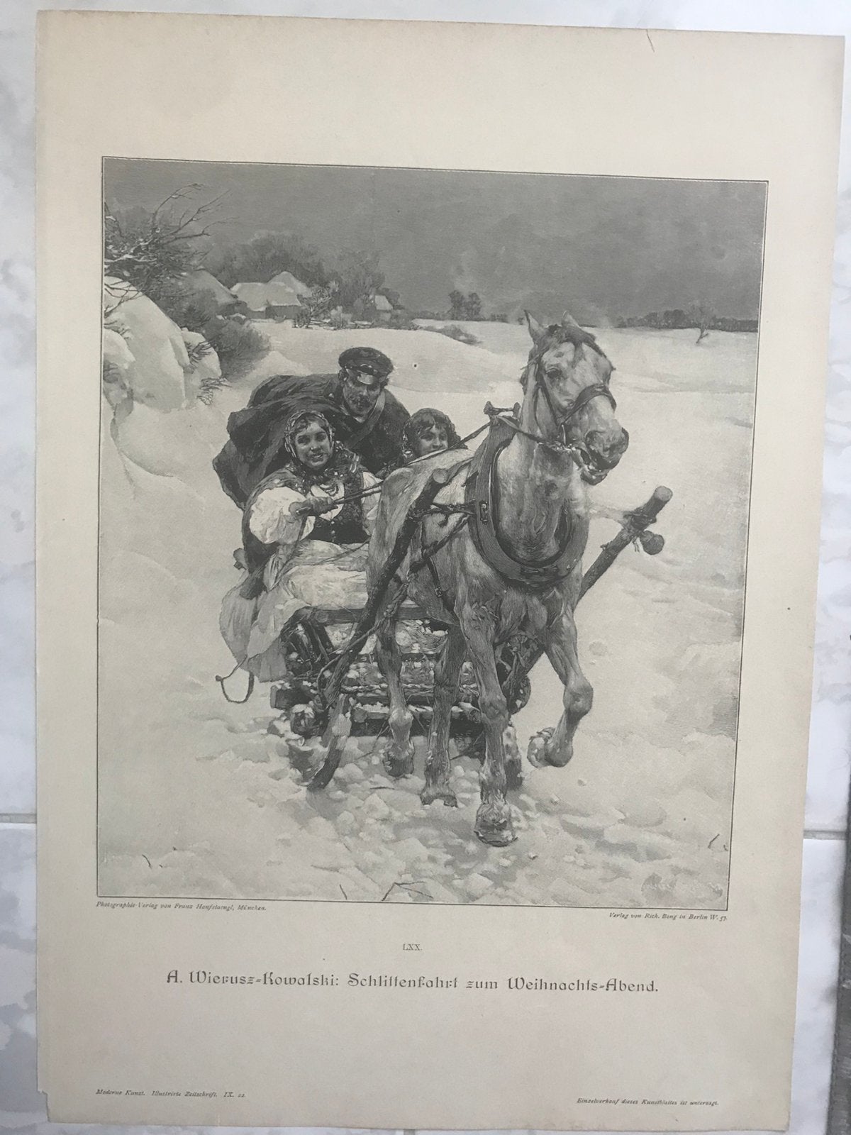 Wierusz-Kowalski:  Schlittenfahrt zum Weihnachts-Abend, 1892, Origineel, 1800 - 1899, 23 cm, 27 cm