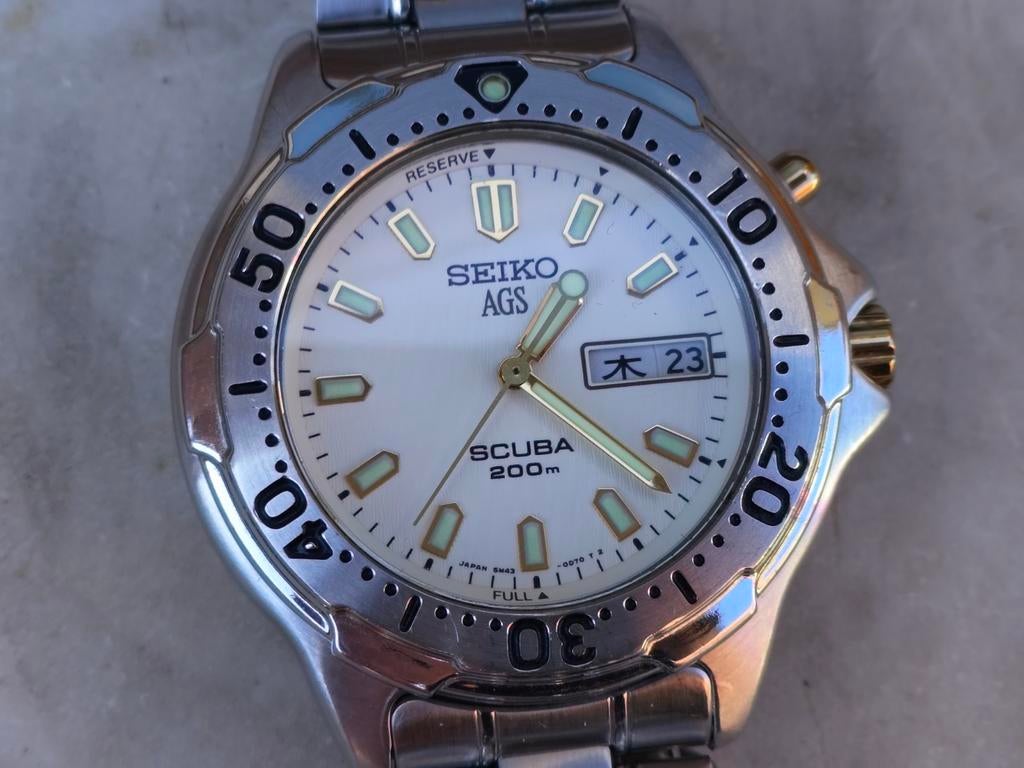 Vintage Seiko AGS Kinetic Scuba Duikershorloge 5M43-0C30, Seiko, Staal, Met bandje, Polshorloge