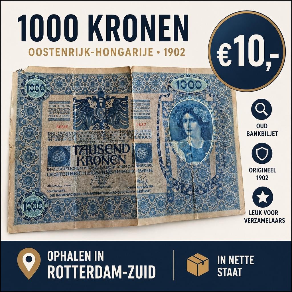 Oud bankbiljet 1000 Kronen Oostenrijk-Hongarije 1902, Postzegels en Munten, Bankbiljetten | Europa | Niet-Eurobiljetten, Ophalen