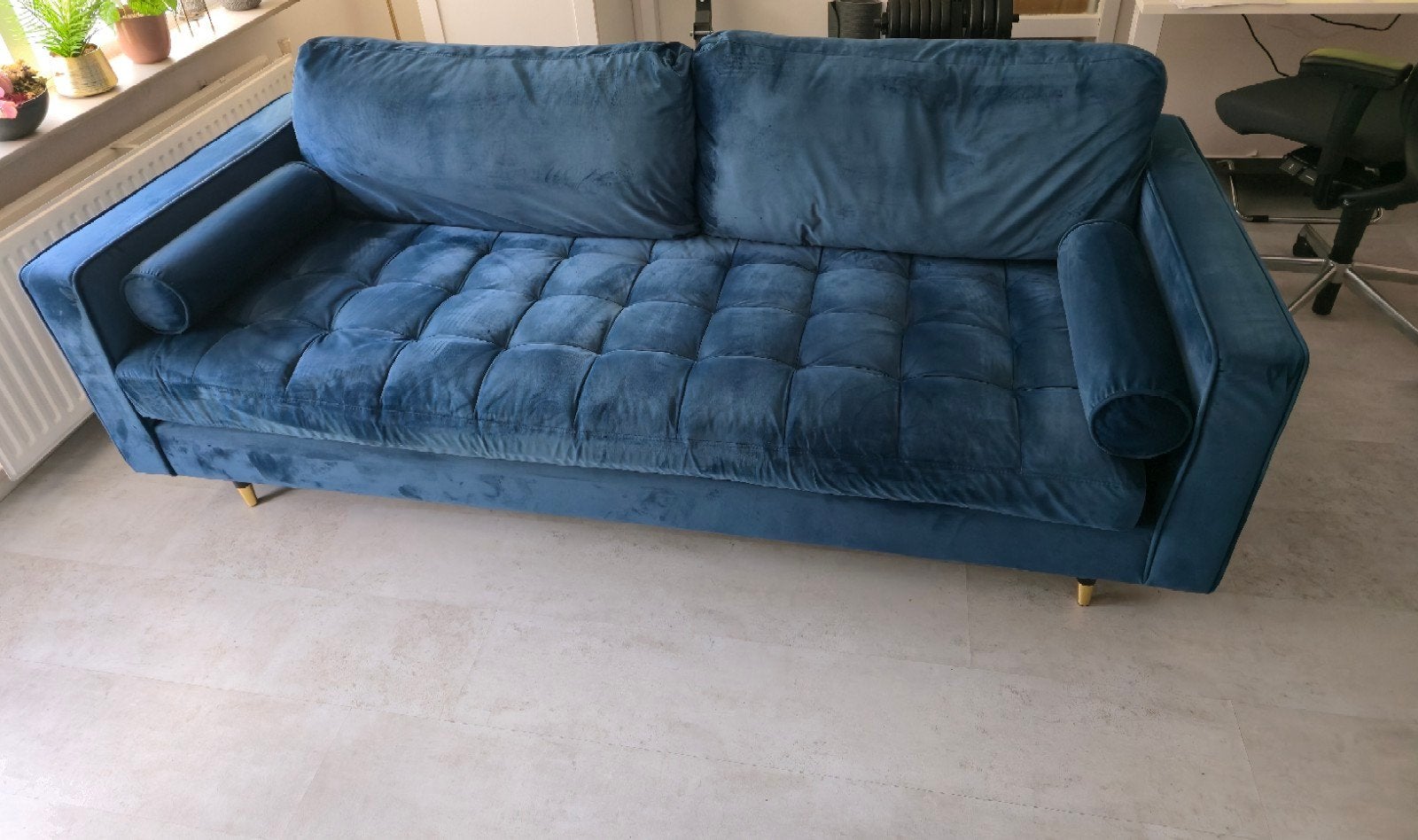 Luxe 3-zitsbank in donkerblauw fluweel, Gebruikt, Driepersoons, 75 tot 100 cm, Ophalen of Verzenden