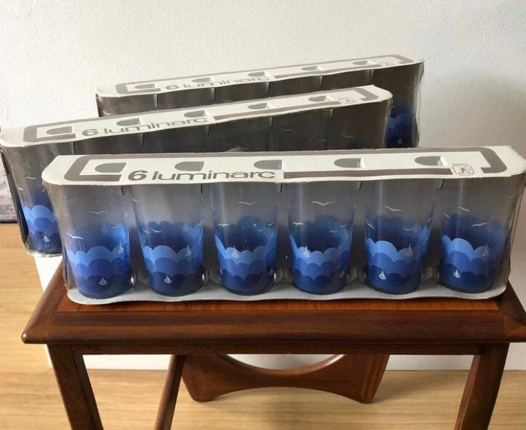 18 vintage Luminarc glazen | zee, vogel, boot | jaren 70, Ophalen of Verzenden, Zo goed als nieuw