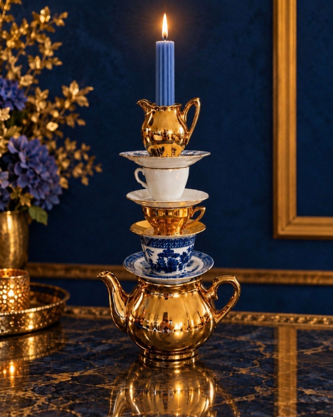 Unieke kandelaar van porseleinen servies, 35 cm hoog, Antiek en Kunst, Ophalen of Verzenden, Keramiek of Aardewerk