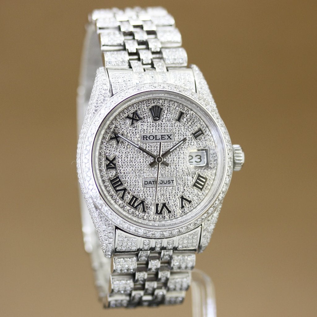 Rolex Datejust 36 16014 Steel Full Iced Out, Staal, Gebruikt, Polshorloge, Ophalen of Verzenden