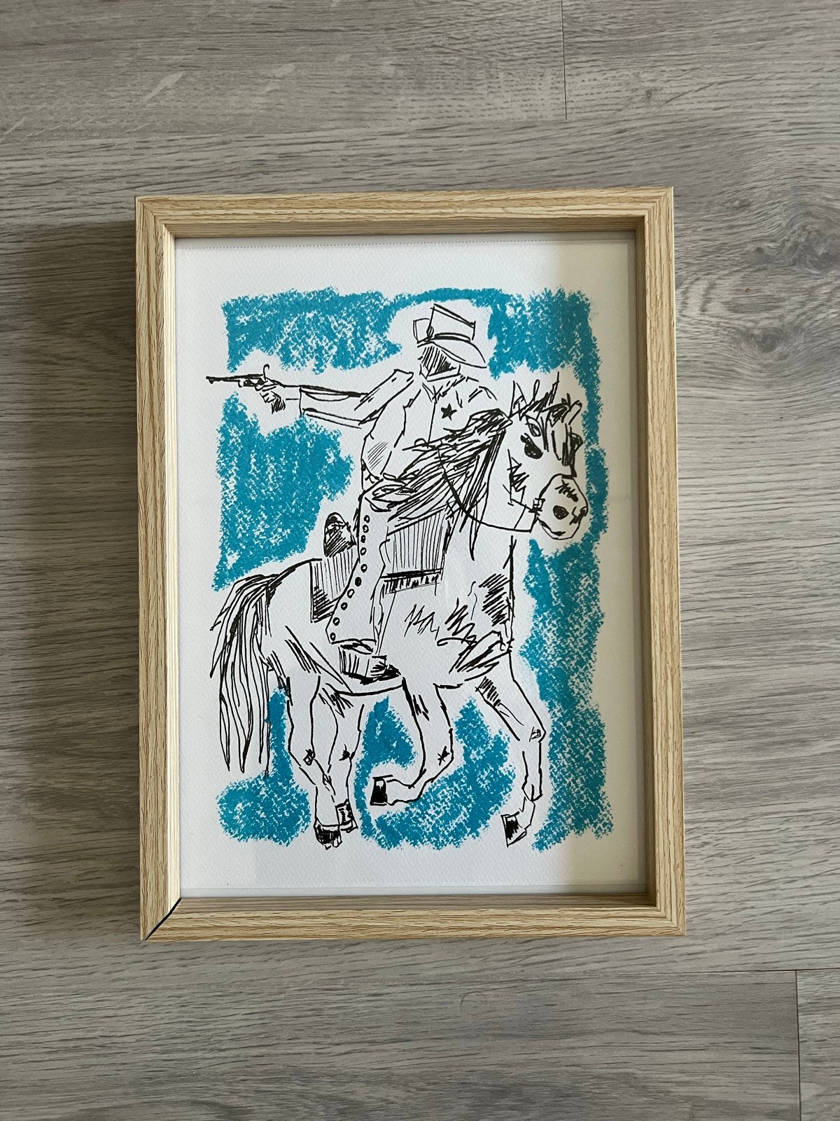 Handgemaakt olieverfpastel kunstwerk - Cowboy te paard, Antiek en Kunst, Pastel, Figuren, Handgeschilderd, Papier/karton