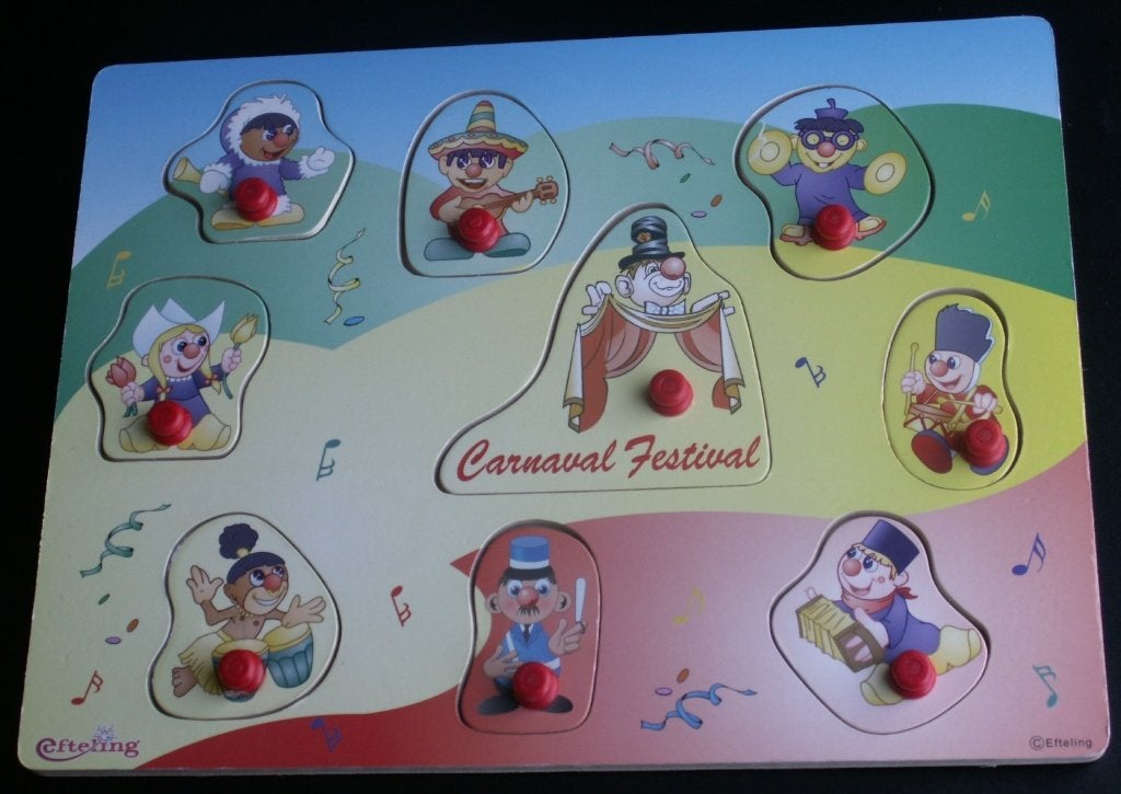 Carnaval Festival Efteling houten Puzzel knopjes/noppen puzz, Verzamelen, Ophalen of Verzenden, Zo goed als nieuw, Beeldje of Poppetje