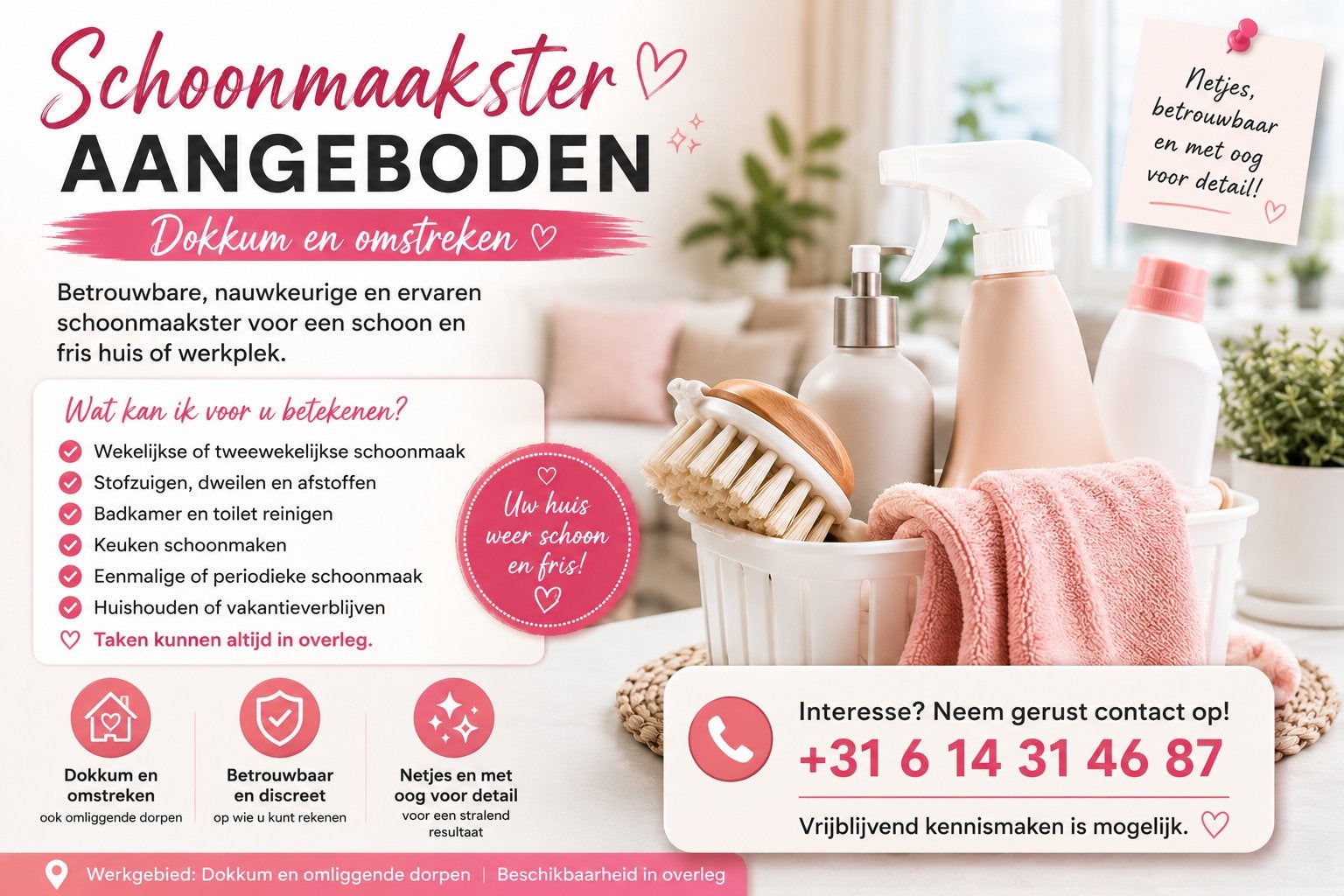 Schoonmaakster aangeboden – Dokkum en omstreken, Ophalen