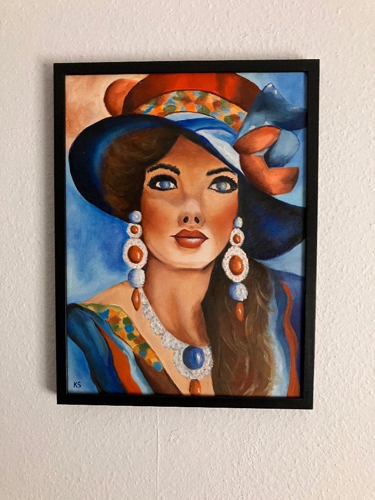 Olieverf schilderij - dame met hoed - 30x40 in lijst, Ophalen of Verzenden, Olieverf, Gelakt/vernis, Overige materialen