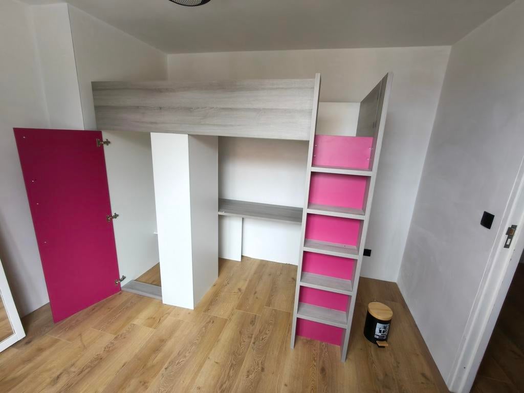Hoogslaper met bureau, kast en opbergruimte - Roze/Grijs, Ophalen of Verzenden, Gebruikt, Hoogslaper