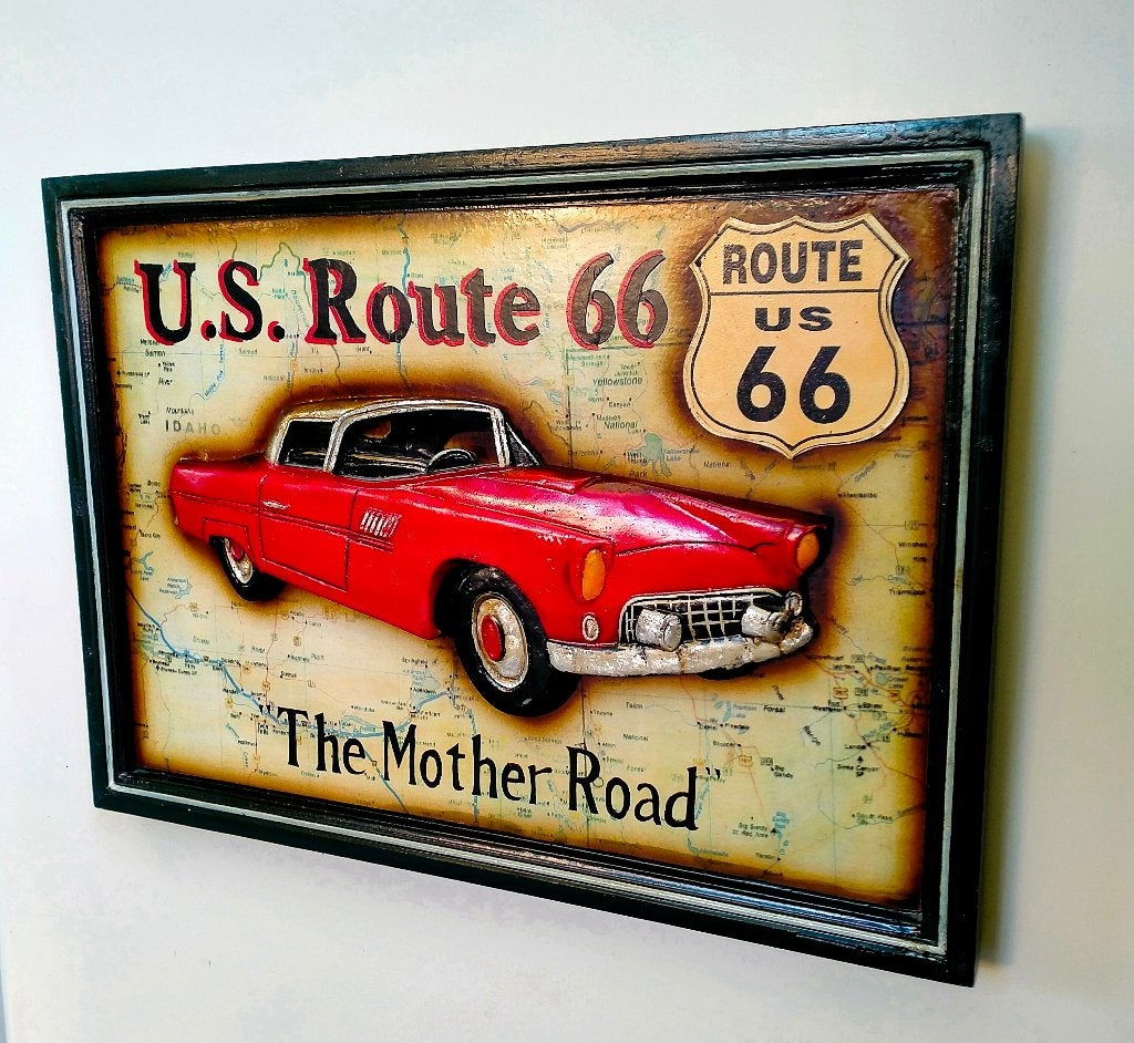 Houten Auto & Route 66 Mancave Schilderij Wandbord 45x38CM, Hout, Ophalen of Verzenden, Zo goed als nieuw, Wandbord of Wandpaneel