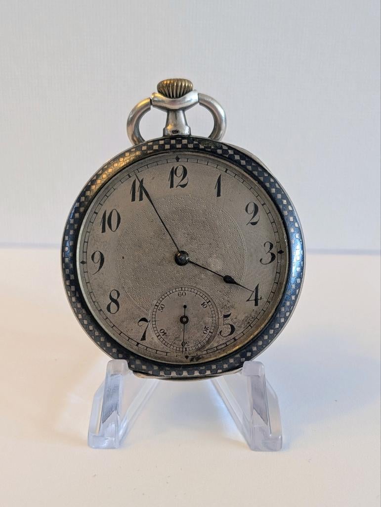 Huguenin Frères Niello Zilveren Zakhorloge - Art Nouveau, Antiek en Kunst, Antiek | Goud en Zilver, Ophalen of Verzenden