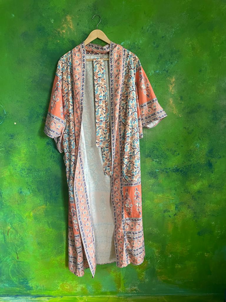 Kimono met bloemenprint en olifantenmotief, Maat 38/40 (M), Oranje, Ophalen of Verzenden, Zo goed als nieuw