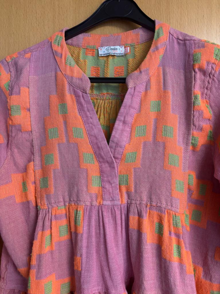 Decotion  roze jurk met oranje en groene patronen, Devotion, Ophalen of Verzenden, Zo goed als nieuw, Roze