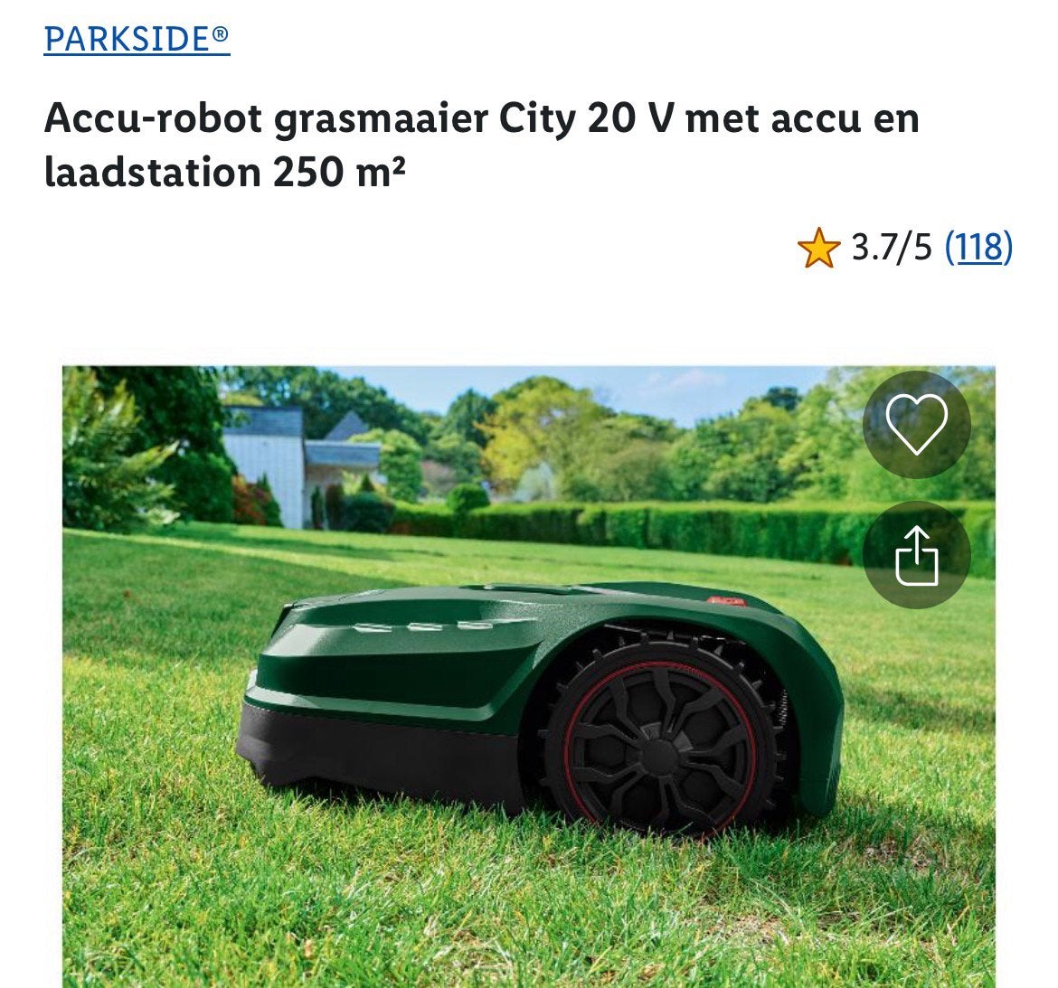 Parkside Accu-robot grasmaaier City 20V met accu en laadstat, Ophalen, Cirkelmaaier, Minder dan 30 cm, Accu-grasmaaier