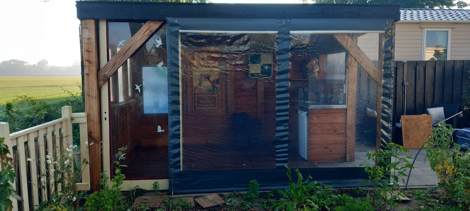 Douglas Veranda met Buitenverblijf en Keuken, Tuin en Terras, Ophalen, 500 cm of meer, Met overkapping, Hout