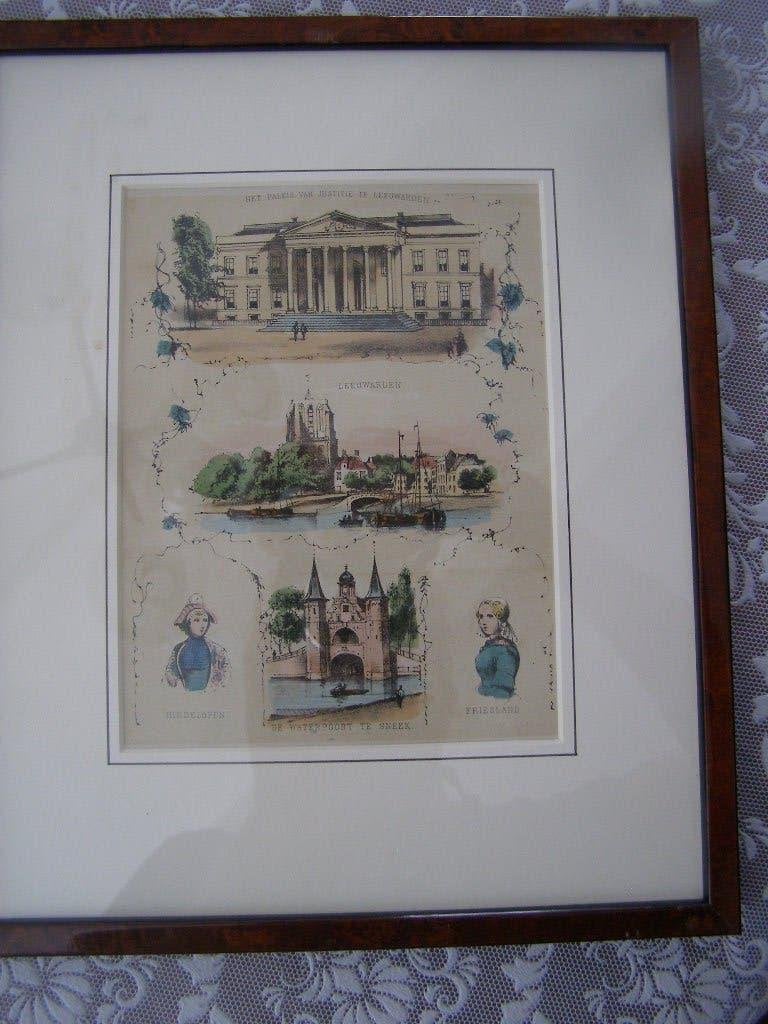 litho kleur van Friesland Leeuwarden Sneek Hindelopen ingel., Antiek en Kunst, Ingelijst, Ophalen of Verzenden, Overige onderwerpen