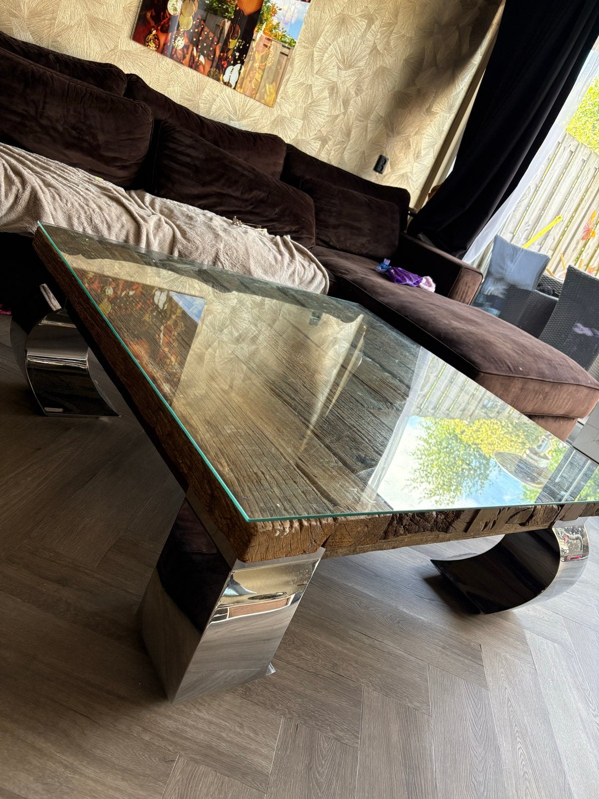 Eettafel en salontafel met glazen blad en metalen onderstel, Huis en Inrichting, Tafels | Eettafels, Gebruikt, 100 tot 150 cm