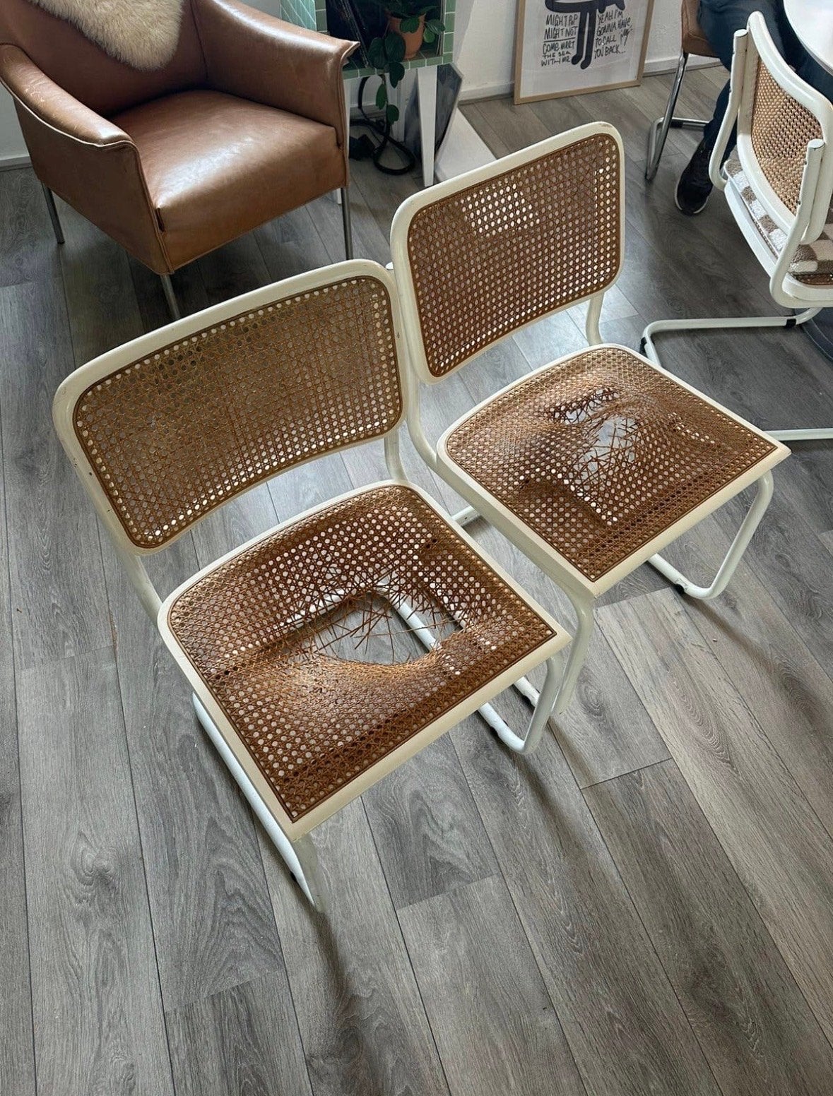 Vintage rotan buisframe stoelen met webbing Thonet stijl, Ophalen of Verzenden