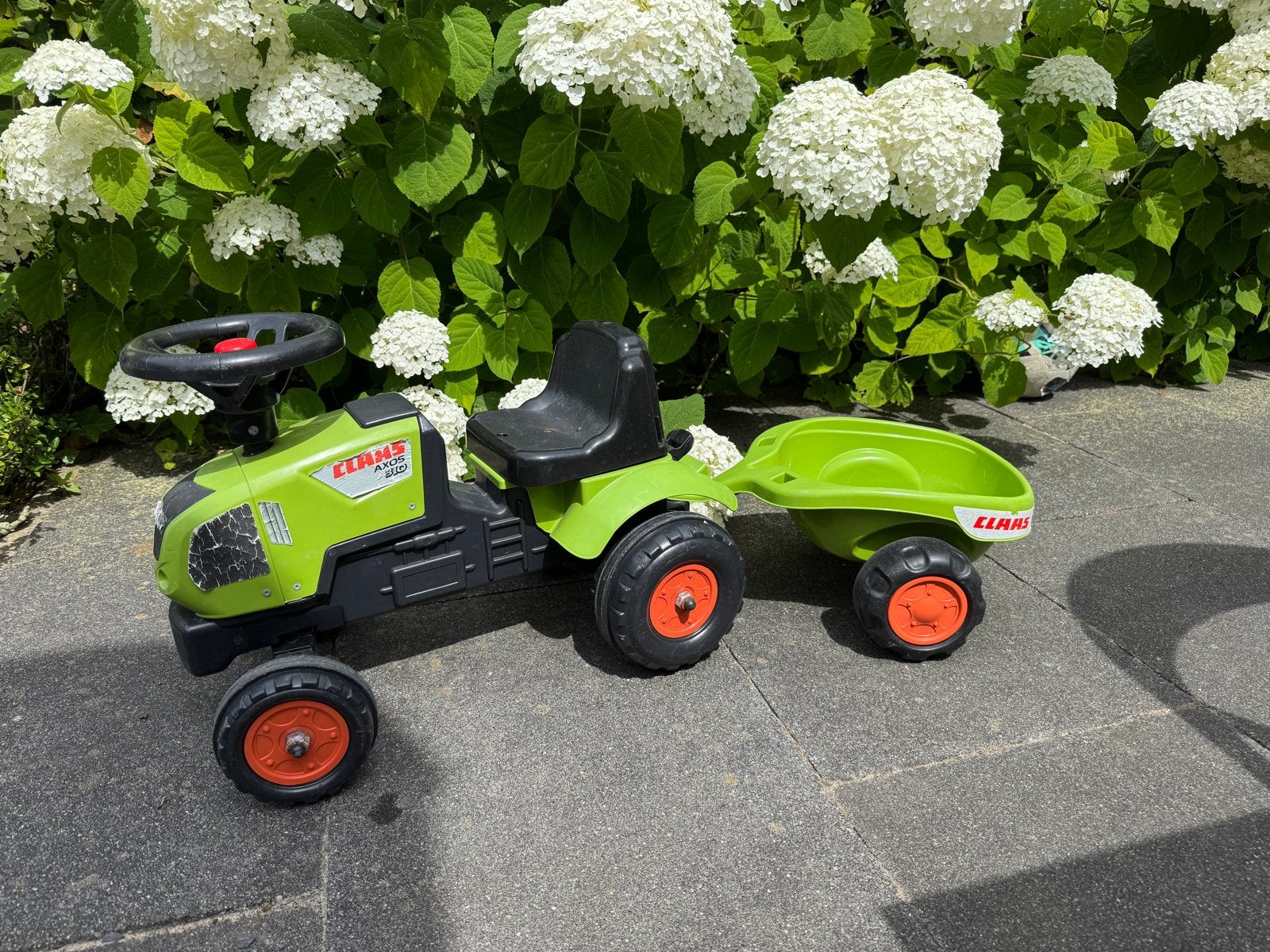 Claas tractor met aanhangbak en toetergeluid, Ophalen, Gebruikt